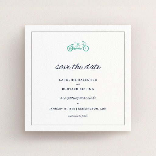 A wedding save the date design called "Tandem sheet". It is a square (148mm x 148mm) save the date in a square orientation. "Tandem sheet" is available as a flat save the date, with tones of white and green.
