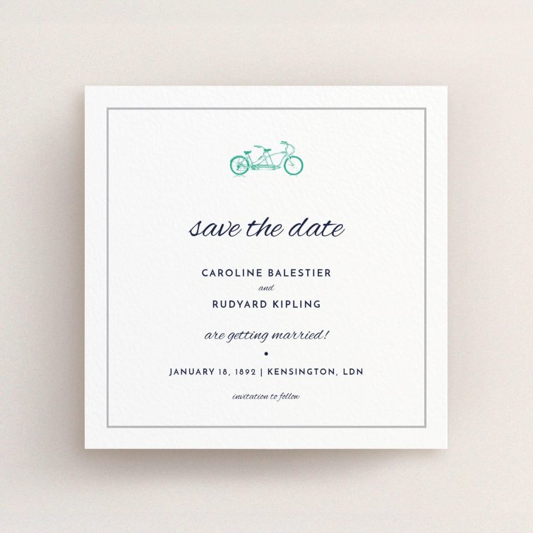 A wedding save the date design called "Tandem sheet". It is a square (148mm x 148mm) save the date in a square orientation. "Tandem sheet" is available as a flat save the date, with tones of white and green.