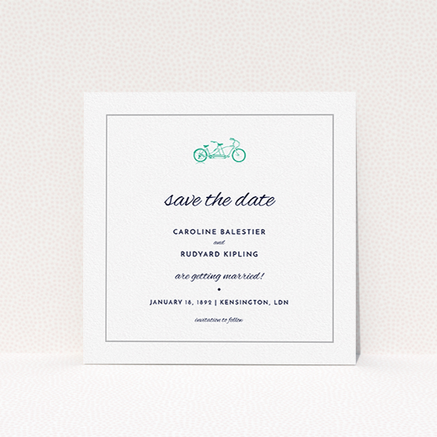 A wedding save the date design called "Tandem sheet". It is a square (148mm x 148mm) save the date in a square orientation. "Tandem sheet" is available as a flat save the date, with tones of white and green.
