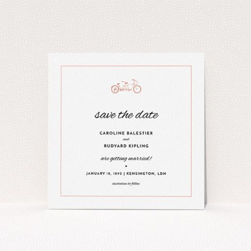 A wedding save the date called "Tandem sheet". It is a square (148mm x 148mm) save the date in a square orientation. "Tandem sheet" is available as a flat save the date, with tones of white and pink.
