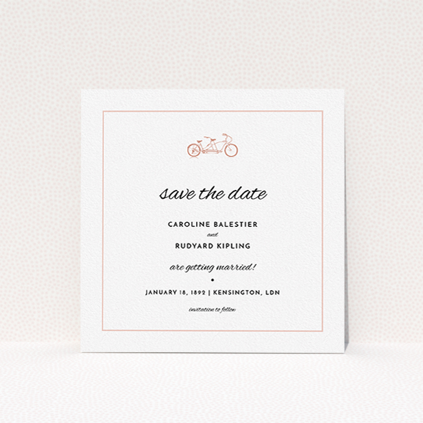 A wedding save the date called "Tandem sheet". It is a square (148mm x 148mm) save the date in a square orientation. "Tandem sheet" is available as a flat save the date, with tones of white and pink.
