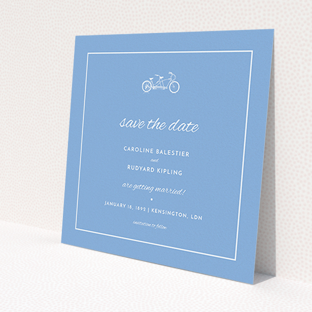 A wedding save the date named 'Tandem sheet'. It is a square (148mm x 148mm) save the date in a square orientation. 'Tandem sheet' is available as a flat save the date, with tones of blue and white.