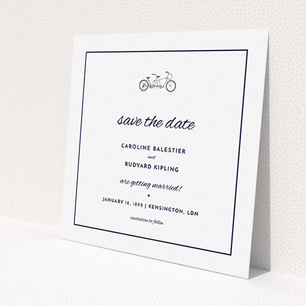 A wedding save the date design called 'Tandem sheet'. It is a square (148mm x 148mm) save the date in a square orientation. 'Tandem sheet' is available as a flat save the date, with tones of white and Grey.