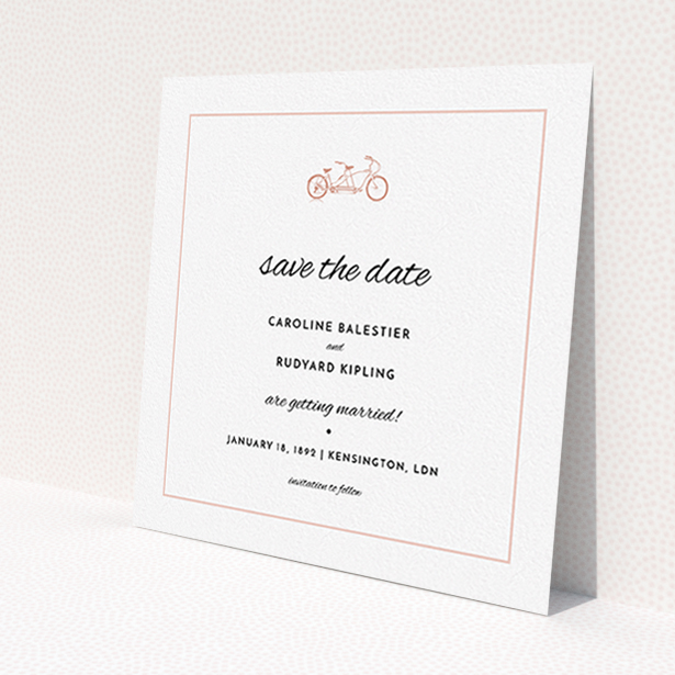 A wedding save the date called 'Tandem sheet'. It is a square (148mm x 148mm) save the date in a square orientation. 'Tandem sheet' is available as a flat save the date, with tones of white and pink.