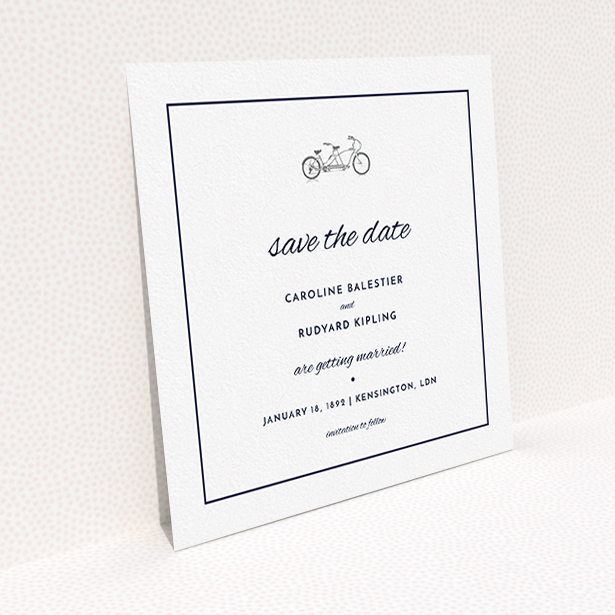 A wedding save the date design called "Tandem sheet". It is a square (148mm x 148mm) save the date in a square orientation. "Tandem sheet" is available as a flat save the date, with tones of white and Grey.