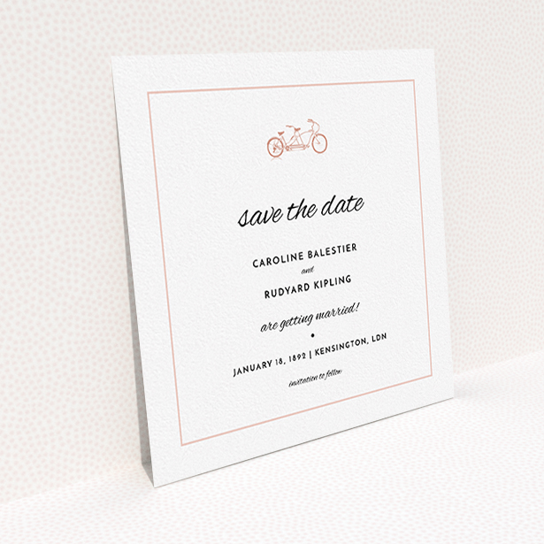 A wedding save the date called "Tandem sheet". It is a square (148mm x 148mm) save the date in a square orientation. "Tandem sheet" is available as a flat save the date, with tones of white and pink.