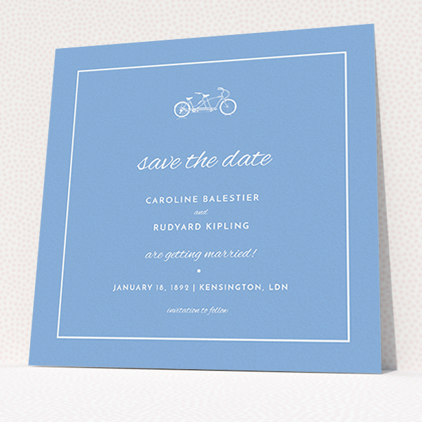 A wedding save the date named "Tandem sheet". It is a square (148mm x 148mm) save the date in a square orientation. "Tandem sheet" is available as a flat save the date, with tones of blue and white.