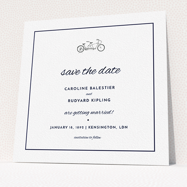A wedding save the date design called "Tandem sheet". It is a square (148mm x 148mm) save the date in a square orientation. "Tandem sheet" is available as a flat save the date, with tones of white and Grey.