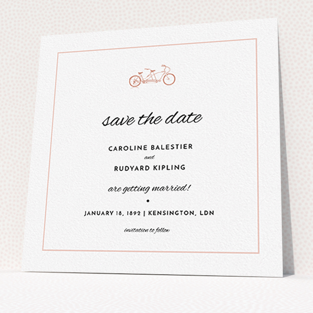 A wedding save the date called "Tandem sheet". It is a square (148mm x 148mm) save the date in a square orientation. "Tandem sheet" is available as a flat save the date, with tones of white and pink.