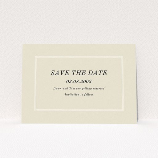 A wedding save the date design called "Three line border". It is an A5 save the date in a landscape orientation. "Three line border" is available as a flat save the date, with mainly dark cream colouring.
