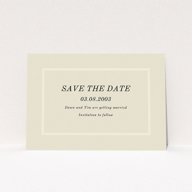 A wedding save the date design called "Three line border". It is an A5 save the date in a landscape orientation. "Three line border" is available as a flat save the date, with mainly dark cream colouring.