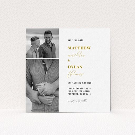 A wedding save the date design named "Together again". It is a square (148mm x 148mm) save the date in a square orientation. It is a photographic wedding save the date with room for 2 photos. "Together again" is available as a flat save the date, with tones of white and gold.