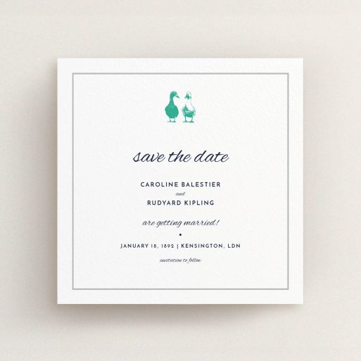 A wedding save the date design titled "Two little ducks". It is a square (148mm x 148mm) save the date in a square orientation. "Two little ducks" is available as a flat save the date, with tones of white and green.