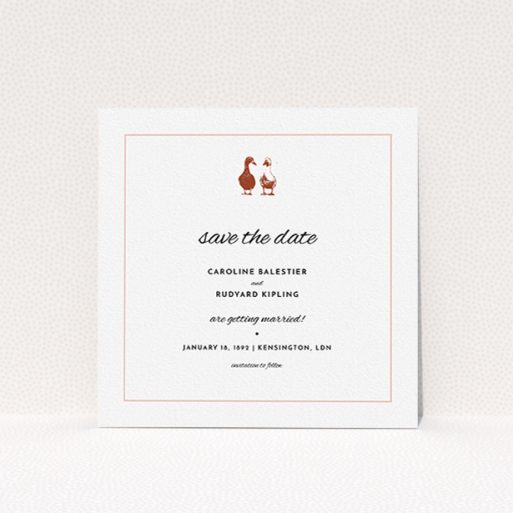 A wedding save the date template titled "Two little ducks". It is a square (148mm x 148mm) save the date in a square orientation. "Two little ducks" is available as a flat save the date, with tones of white and pink.