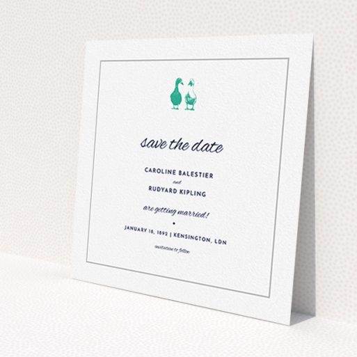 A wedding save the date design titled 'Two little ducks'. It is a square (148mm x 148mm) save the date in a square orientation. 'Two little ducks' is available as a flat save the date, with tones of white and green.