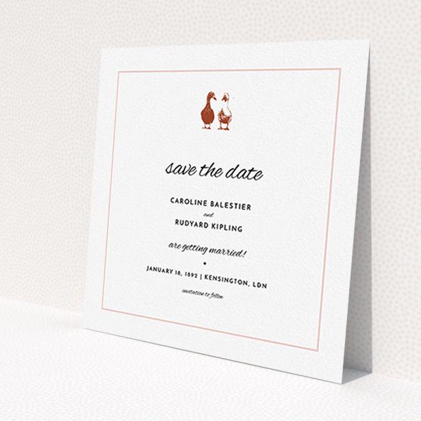 A wedding save the date template titled "Two little ducks". It is a square (148mm x 148mm) save the date in a square orientation. "Two little ducks" is available as a flat save the date, with tones of white and pink.