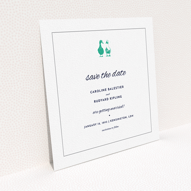 A wedding save the date design titled "Two little ducks". It is a square (148mm x 148mm) save the date in a square orientation. "Two little ducks" is available as a flat save the date, with tones of white and green.