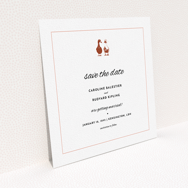 A wedding save the date template titled "Two little ducks". It is a square (148mm x 148mm) save the date in a square orientation. "Two little ducks" is available as a flat save the date, with tones of white and pink.