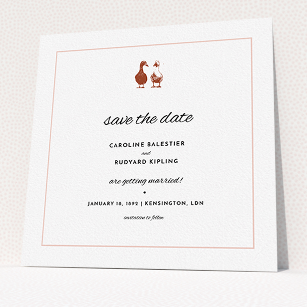 A wedding save the date template titled "Two little ducks". It is a square (148mm x 148mm) save the date in a square orientation. "Two little ducks" is available as a flat save the date, with tones of white and pink.