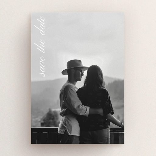 A wedding save the date template titled "Up the side". It is an A5 save the date in a portrait orientation. It is a photographic wedding save the date with room for 1 photo. "Up the side" is available as a flat save the date, with mainly white colouring.
