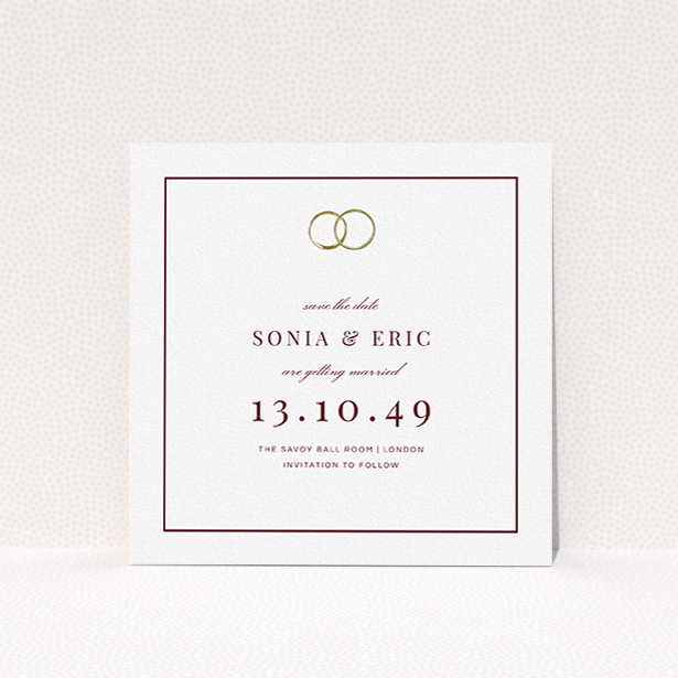 A wedding save the date design called "Wedding bands". It is a square (148mm x 148mm) save the date in a square orientation. "Wedding bands" is available as a flat save the date, with tones of white and gold.