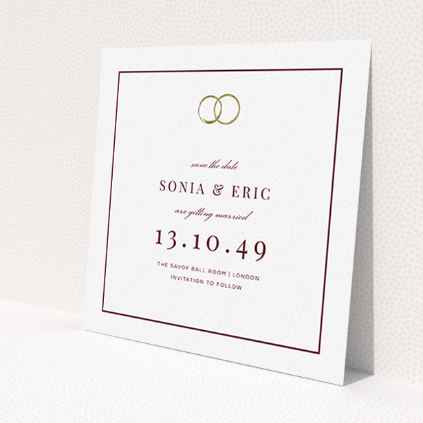 A wedding save the date design called "Wedding bands". It is a square (148mm x 148mm) save the date in a square orientation. "Wedding bands" is available as a flat save the date, with tones of white and gold.