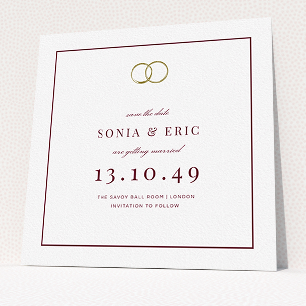 A wedding save the date design called "Wedding bands". It is a square (148mm x 148mm) save the date in a square orientation. "Wedding bands" is available as a flat save the date, with tones of white and gold.