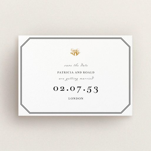 A wedding save the date template titled "Wedding bells". It is an A6 save the date in a landscape orientation. "Wedding bells" is available as a flat save the date, with tones of black and white.