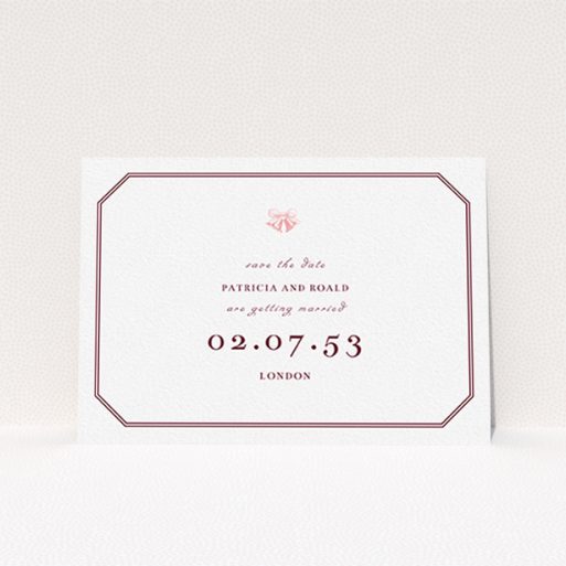 A wedding save the date design titled "Wedding bells". It is an A6 save the date in a landscape orientation. "Wedding bells" is available as a flat save the date, with tones of white, burgundy and pink.