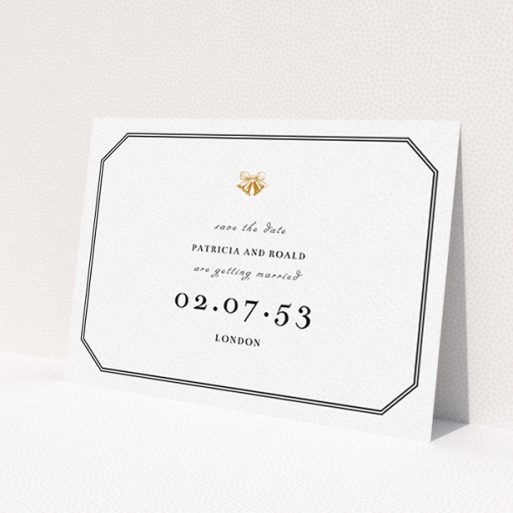 A wedding save the date template titled 'Wedding bells'. It is an A6 save the date in a landscape orientation. 'Wedding bells' is available as a flat save the date, with tones of black and white.