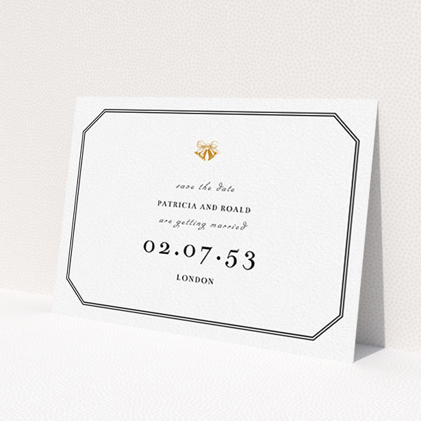 A wedding save the date template titled "Wedding bells". It is an A6 save the date in a landscape orientation. "Wedding bells" is available as a flat save the date, with tones of black and white.