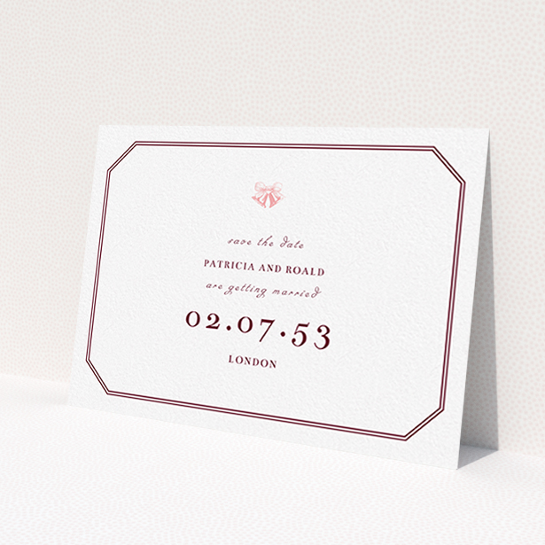 A wedding save the date design titled "Wedding bells". It is an A6 save the date in a landscape orientation. "Wedding bells" is available as a flat save the date, with tones of white, burgundy and pink.