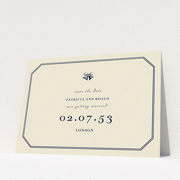 A wedding save the date design titled "Wedding bells". It is an A6 save the date in a landscape orientation. "Wedding bells" is available as a flat save the date, with tones of cream and navy blue.