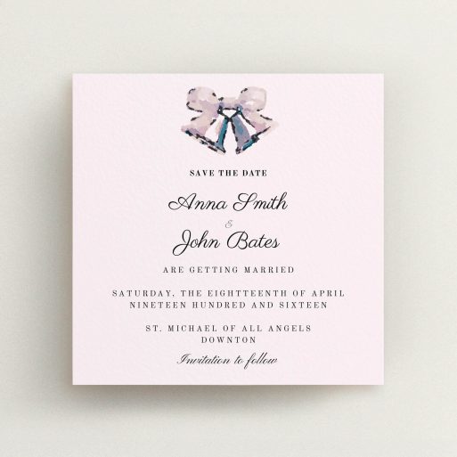 A wedding save the date design named "Wedding bells". It is a square (148mm x 148mm) save the date in a square orientation. "Wedding bells" is available as a flat save the date, with mainly white colouring.