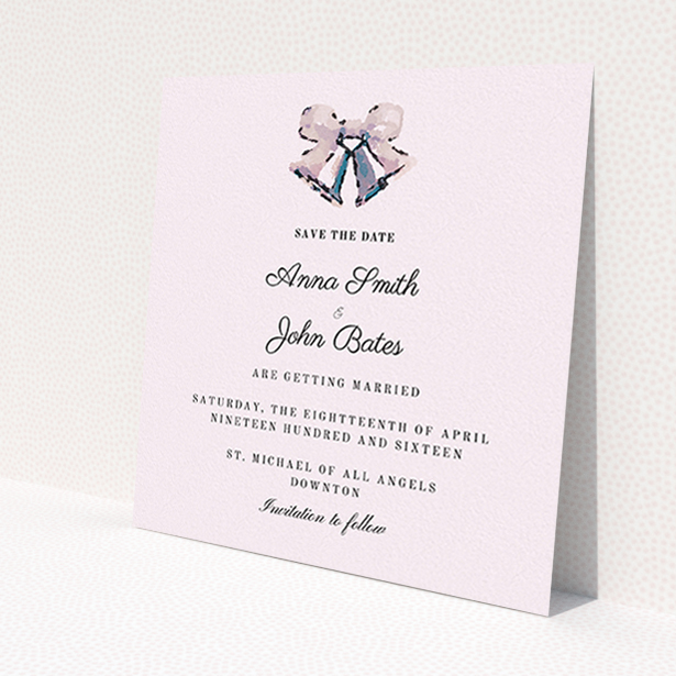 A wedding save the date design named 'Wedding bells'. It is a square (148mm x 148mm) save the date in a square orientation. 'Wedding bells' is available as a flat save the date, with mainly white colouring.