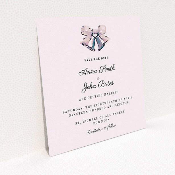 A wedding save the date design named "Wedding bells". It is a square (148mm x 148mm) save the date in a square orientation. "Wedding bells" is available as a flat save the date, with mainly white colouring.