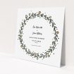 A wedding save the date template titled "Wreath Outline". It is a square (148mm x 148mm) save the date in a square orientation. "Wreath Outline" is available as a flat save the date, with tones of light green and orange.