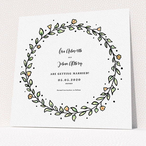 A wedding save the date template titled "Wreath Outline". It is a square (148mm x 148mm) save the date in a square orientation. "Wreath Outline" is available as a flat save the date, with tones of light green and orange.