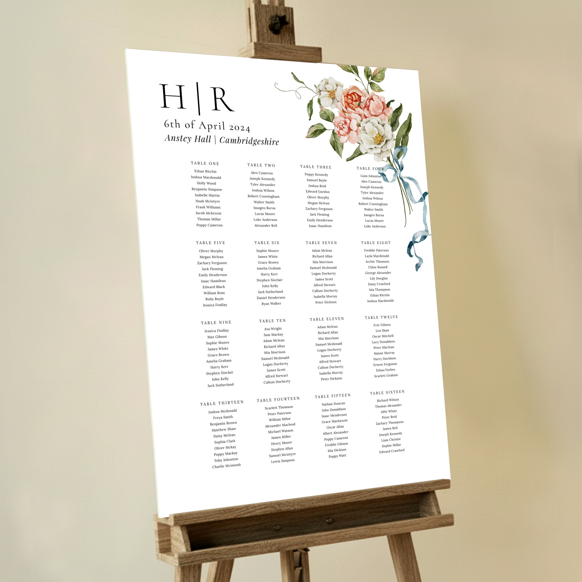Elegant wedding table plan with floral design elements and sixteen tables, featuring one decorative image. This one shows 16 tables.