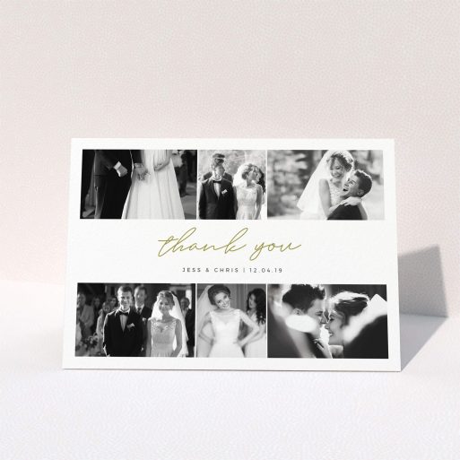 A wedding thank you card template titled "3-on-3". It is an A5 card in a landscape orientation. It is a photographic wedding thank you card with room for 3 photos. "3-on-3" is available as a folded card, with tones of gold and white.