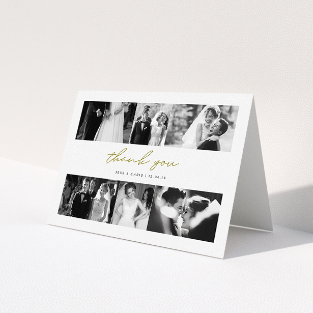 A wedding thank you card template titled '3-on-3'. It is an A5 card in a landscape orientation. It is a photographic wedding thank you card with room for 3 photos. '3-on-3' is available as a folded card, with tones of gold and white.