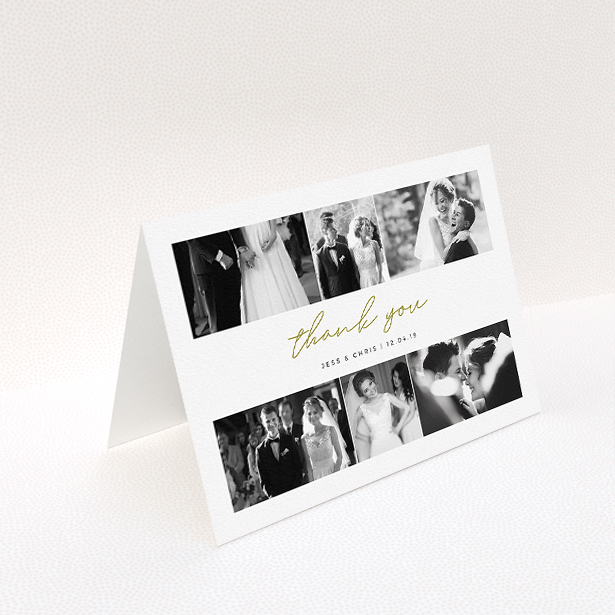 A wedding thank you card template titled "3-on-3". It is an A5 card in a landscape orientation. It is a photographic wedding thank you card with room for 3 photos. "3-on-3" is available as a folded card, with tones of gold and white.