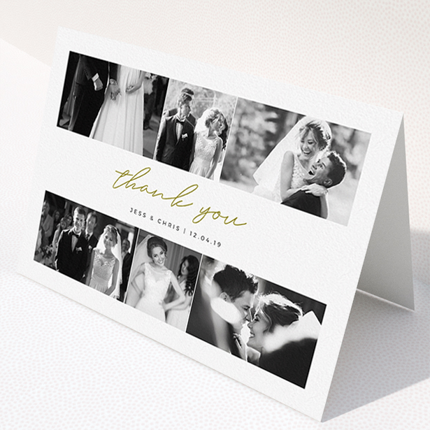 A wedding thank you card template titled "3-on-3". It is an A5 card in a landscape orientation. It is a photographic wedding thank you card with room for 3 photos. "3-on-3" is available as a folded card, with tones of gold and white.