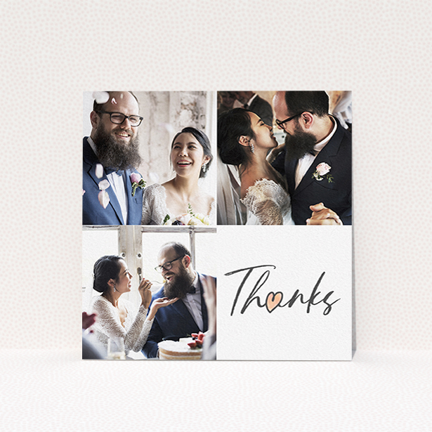 A wedding thank you card called "3 Photos and Thanks". It is a square (148mm x 148mm) card in a square orientation. It is a photographic wedding thank you card with room for 3 photos. "3 Photos and Thanks" is available as a flat card, with tones of black and white.