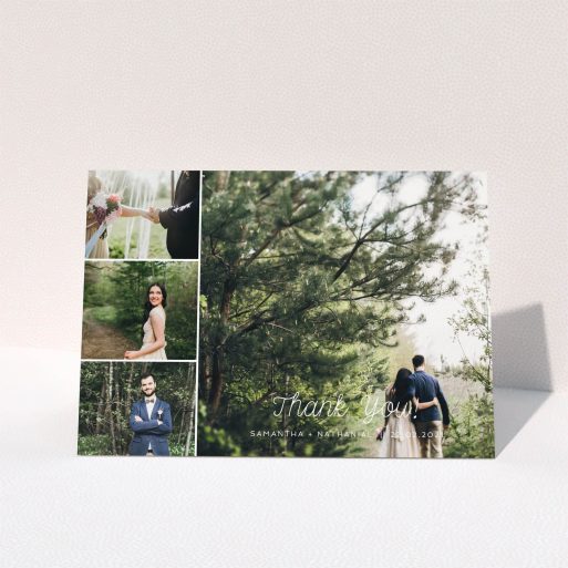 A wedding thank you card design titled "4 Photo Arrangement". It is an A5 card in a landscape orientation. It is a photographic wedding thank you card with room for 4 photos. "4 Photo Arrangement" is available as a folded card, with mainly white colouring.