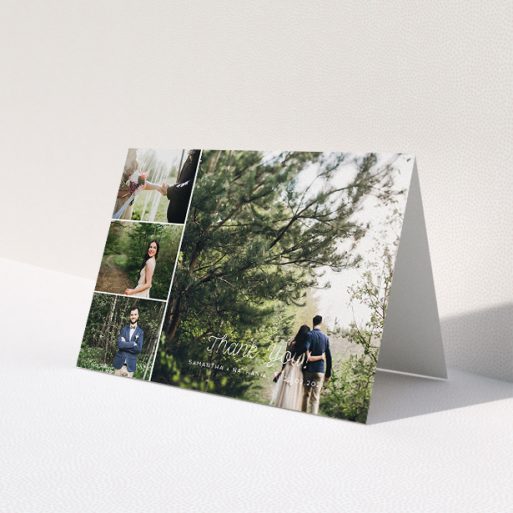 A wedding thank you card design titled '4 Photo Arrangement'. It is an A5 card in a landscape orientation. It is a photographic wedding thank you card with room for 4 photos. '4 Photo Arrangement' is available as a folded card, with mainly white colouring.