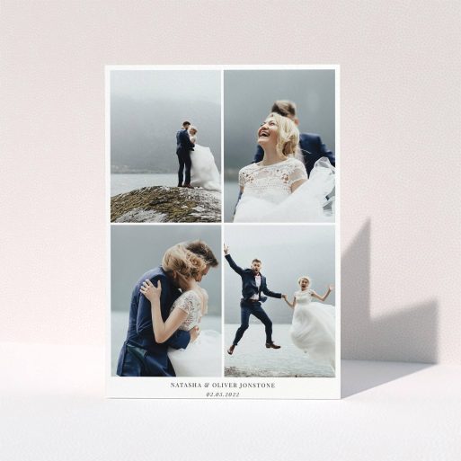 A wedding thank you card template titled "4 Photo Frame". It is an A5 card in a portrait orientation. It is a photographic wedding thank you card with room for 4 photos. "4 Photo Frame" is available as a folded card, with mainly white colouring.