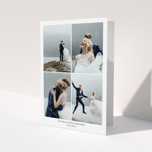 A wedding thank you card template titled '4 Photo Frame'. It is an A5 card in a portrait orientation. It is a photographic wedding thank you card with room for 4 photos. '4 Photo Frame' is available as a folded card, with mainly white colouring.