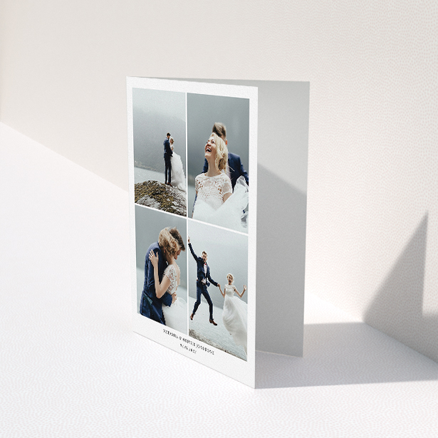 A wedding thank you card template titled "4 Photo Frame". It is an A5 card in a portrait orientation. It is a photographic wedding thank you card with room for 4 photos. "4 Photo Frame" is available as a folded card, with mainly white colouring.