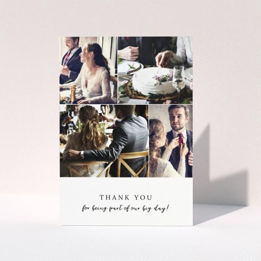 A wedding thank you card named "4 Photo Strip". It is an A5 card in a portrait orientation. It is a photographic wedding thank you card with room for 4 photos. "4 Photo Strip" is available as a folded card, with mainly white colouring.